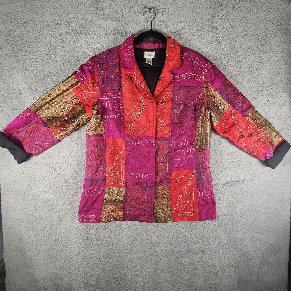 Chico's Patchwork Jacket Womens 2 Embellished Lined Button Up Blazer Geometric